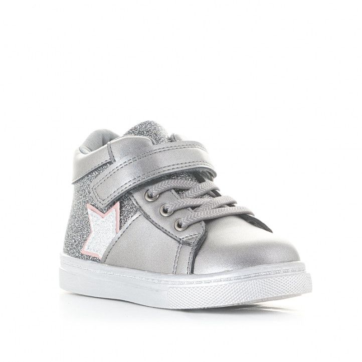 Botins CRECENDO gri metal·litzat amb purpurina, cordons, velcro i estrella - Querol online