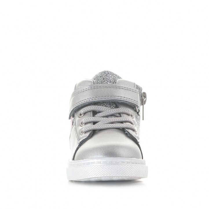 Botines CRECENDO gris metalizado con purpurina, cordones, velcro y estrella - Querol online