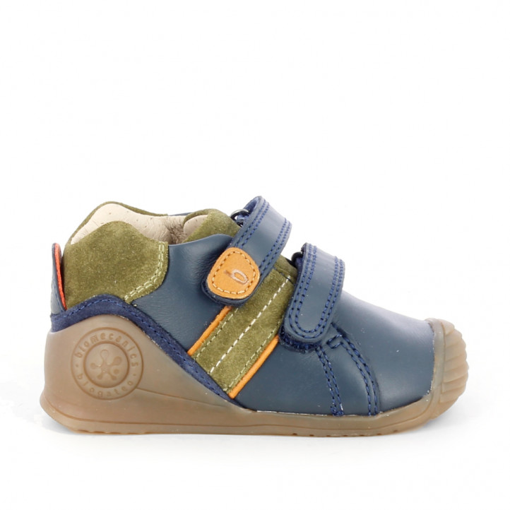 Zapatos Biomecanics azul marino con serraje en kaki, velcros y puntera reforzada - Querol online