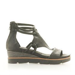 Sandalias cuña Mjus de piel negras con cremallera - Querol online