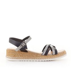 Sandalias cuña Porronet piel negro plomo roma - Querol online