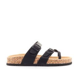 Sandalias planas Owel naxos negras de dedo y doble hebilla - Querol online