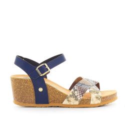Sandalias cuña GENUINS azules con tiras cruzadas y animal print multicolor - Querol online