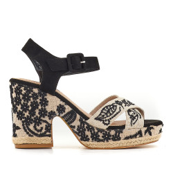Sandalias tacón Mandarina negras con tacón de rafia y bordado de flores - Querol online