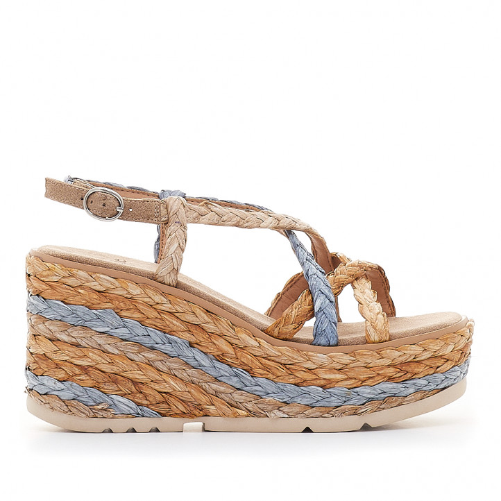 Sandalias cuña Alma Blue con tiras de rafia cruzadas y multicolor - Querol online