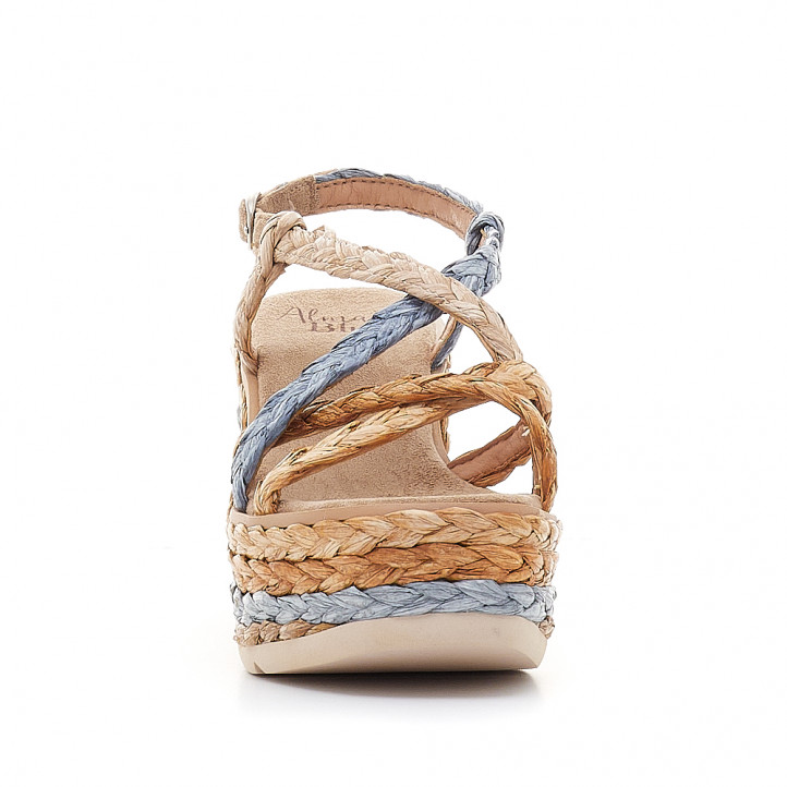 Sandalias cuña Alma Blue con tiras de rafia cruzadas y multicolor - Querol online
