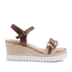 Sandalias cuña Porronet PIEL RAFIA MOKA LOLA - Querol online