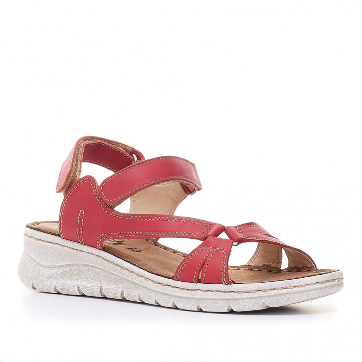 Sandalias cuña Walk & Fly rojas con varias tiras y doble velcro - Querol online