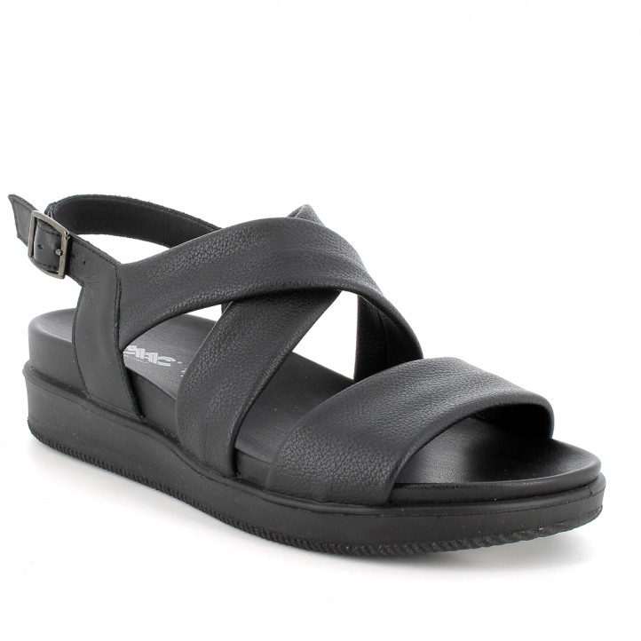 Sandalias planas Imac de piel negras con tiras anchas cruzadas - Querol online