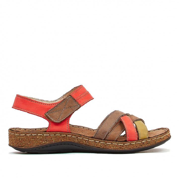Sandalias planas Walk & Fly rojas de piel con tiras multicolor - Querol online