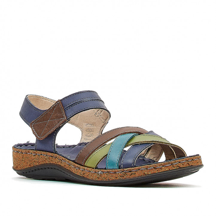 Sandalias planas Walk & Fly azules de piel con tiras multicolor - Querol online