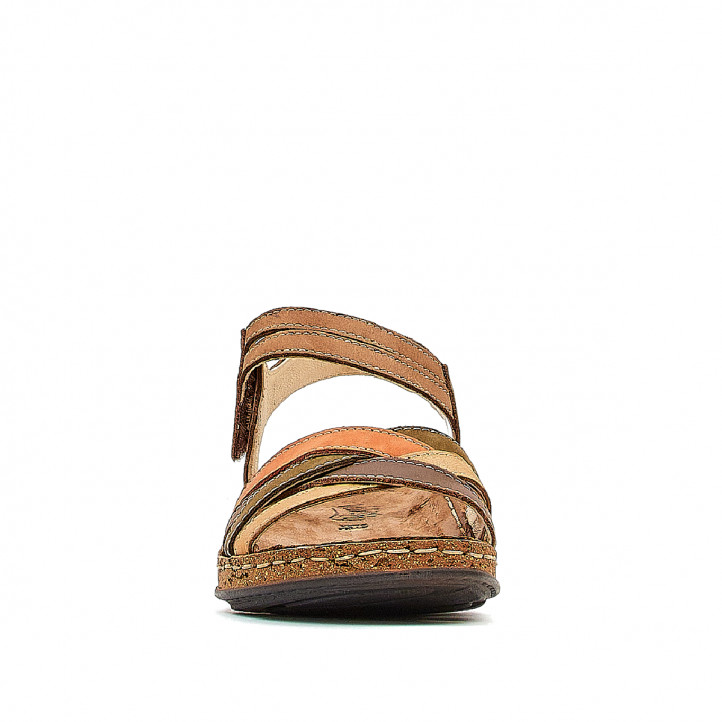 Sandàlies planes Walk & Fly marrons de pell amb tires multicolor - Querol online