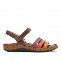 Sandàlies planes Walk & Fly marrons de pell amb tres tires vermelloses - Querol online