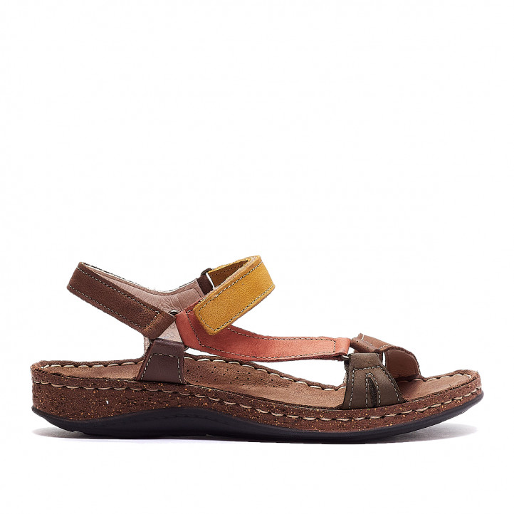 Sandalias planas Walk & Fly marrones de piel con tiras de tonos cálidos - Querol online