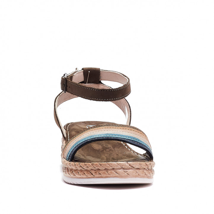 Sandalias cuña Walk & Fly marrones oscuras de piel con banda de colores - Querol online