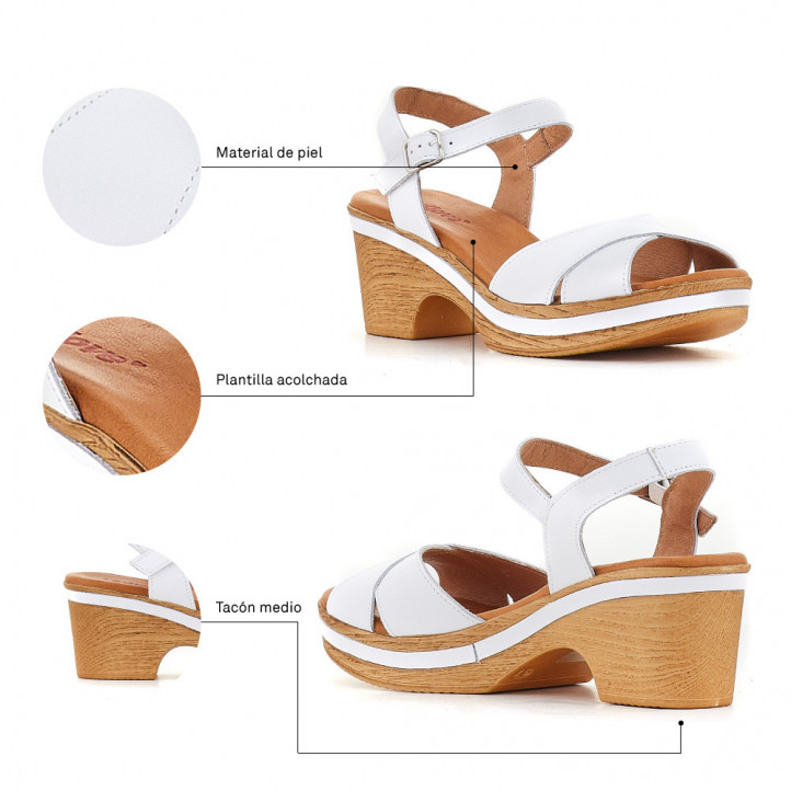 Sandalias tacón Redlove blanco con tacón de madera y tira cruzada celine - Querol online