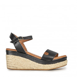 Sandalias cuña Popa arambol de piel cuero negras - Querol online