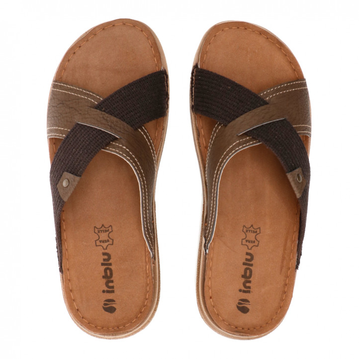 Sandalias In Blu marrones cruzadas con trozo téxtil - Querol online