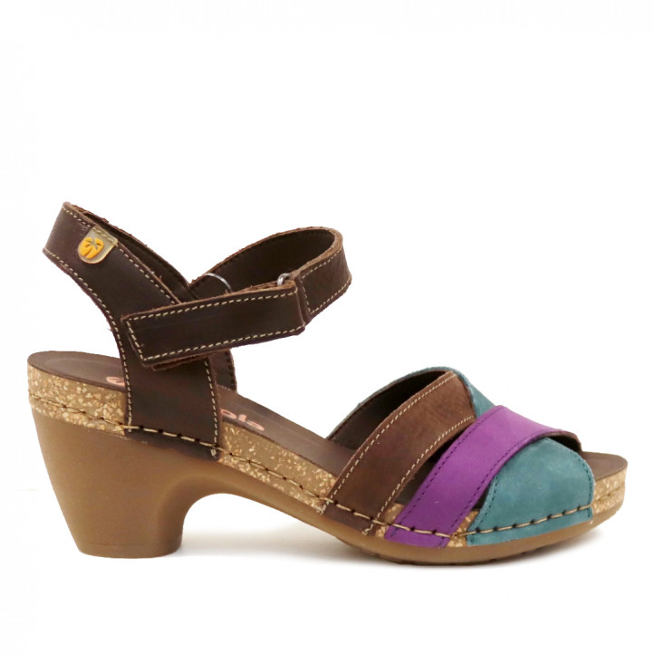 Sandalias tacón Jungla marrones con tiras azules y fucsia - Querol online