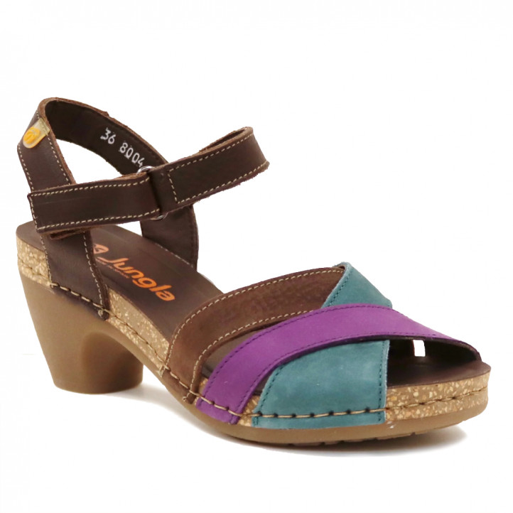 Sandalias tacón Jungla marrones con tiras azules y fucsia - Querol online