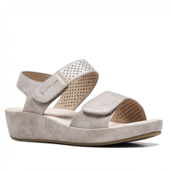 Sandalias cuña Amarpies metalizada color plomo con velcro - Querol online