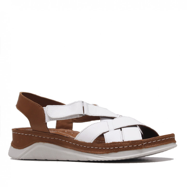 Sandalias cuña Treintas blancas de piel con parte trasera color cuero - Querol online