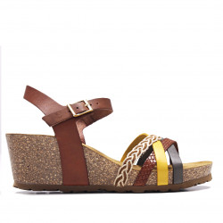 Sandalias cuña Redlove marrones de piel con tiras de varios tonos - Querol online