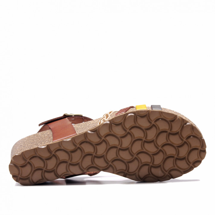 Sandalias cuña Redlove marrones de piel con tiras de varios tonos - Querol online