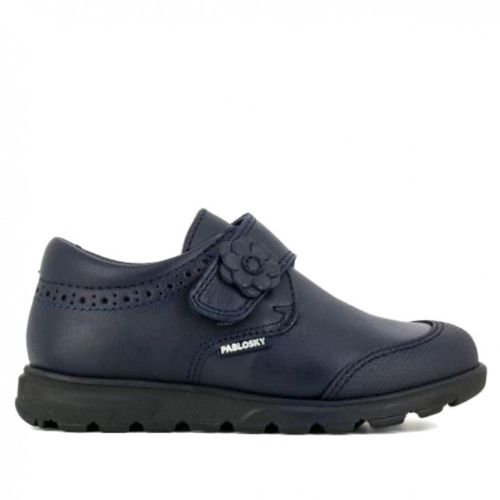 Zapatos colegiales Pablosky de piel azules con velcro y flor - Querol online