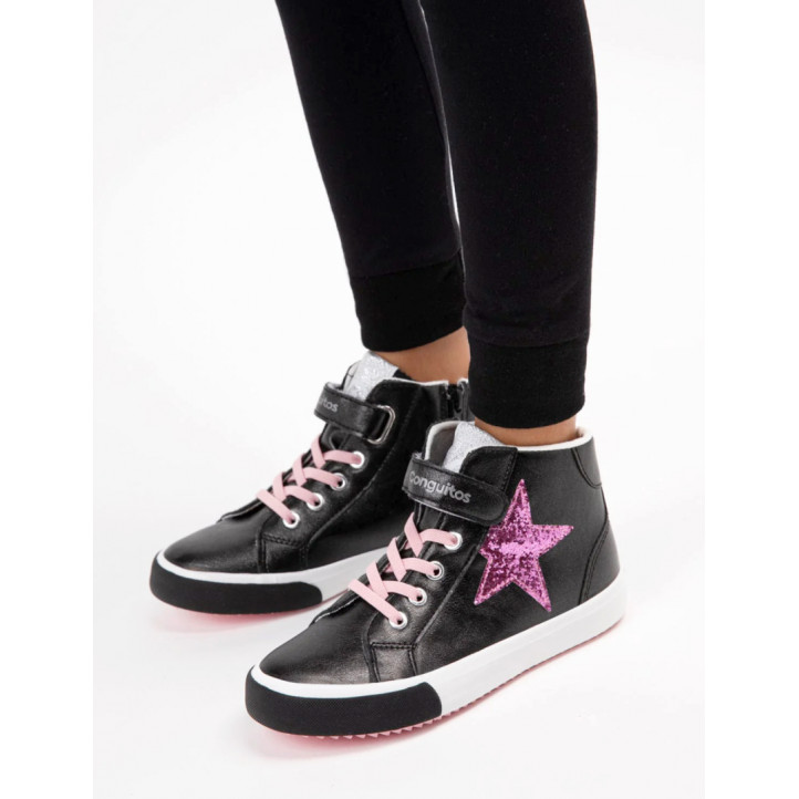 Zapatillas altas Conguitos de niña con estrella y tira adherente negras - Querol online