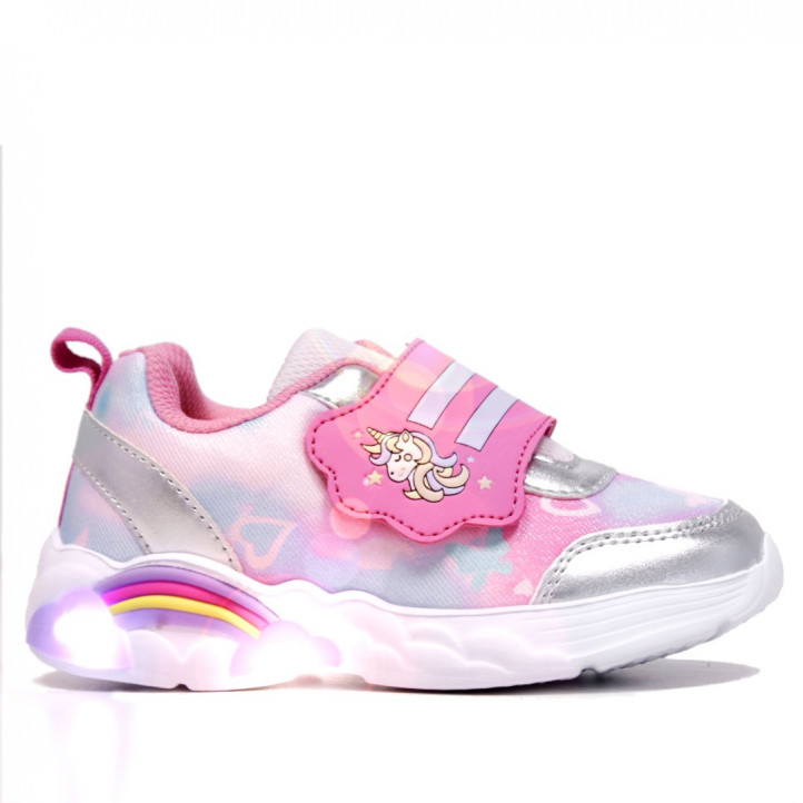 Zapatillas deporte Bubble Kids plateadas con luces en las nubes y unicornios - Querol online