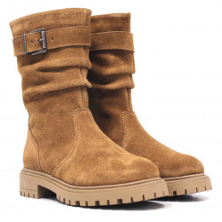 Botines planos Redlove sienna marrones de piel con hebilla en la caña arrugada - Querol online