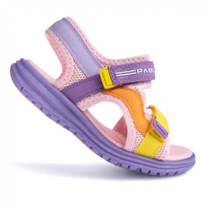 sandalias Pablosky con doble velcro en tonos rosa, lila, amarillo y naranja - Querol online