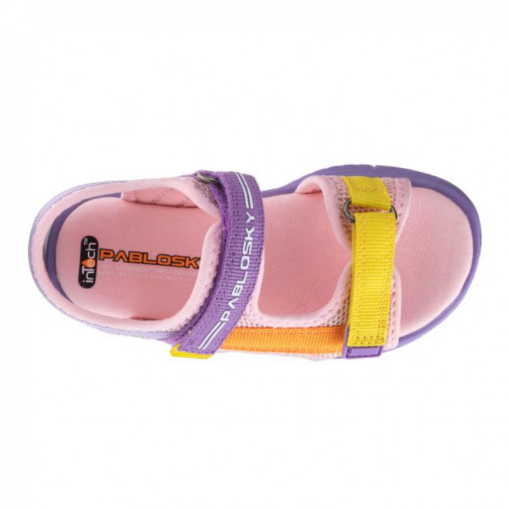 sandalias Pablosky con doble velcro en tonos rosa, lila, amarillo y naranja - Querol online