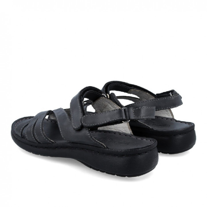 Sandàlies planes Walk & Fly negres de pell amb doble tira de velcro - Querol online