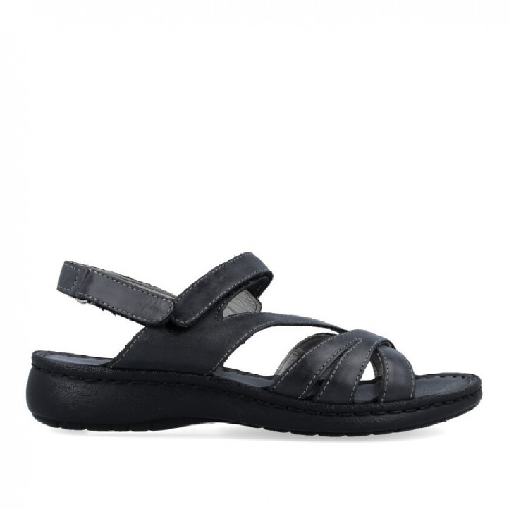 Sandalias planas Walk & Fly negras de piel con doble tira de velcro - Querol online