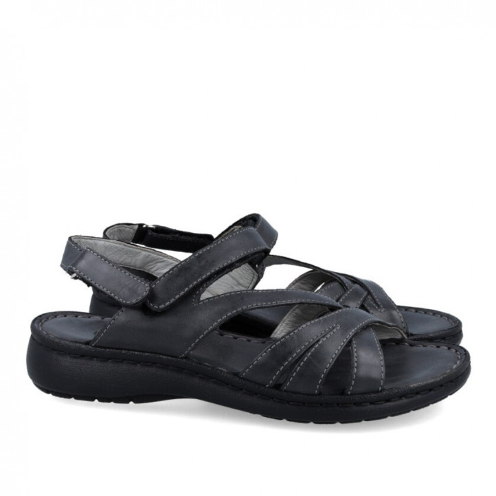 Sandàlies planes Walk & Fly negres de pell amb doble tira de velcro - Querol online