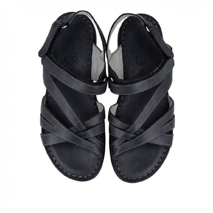 Sandalias planas Walk & Fly negras de piel con doble tira de velcro - Querol online