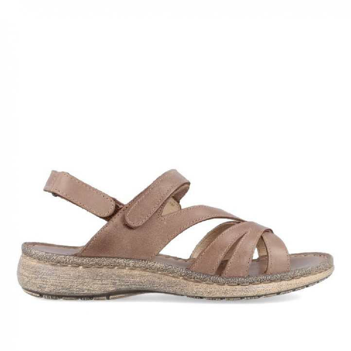 Sandalias planas Walk & Fly marrones de piel con doble tira de velcro - Querol online