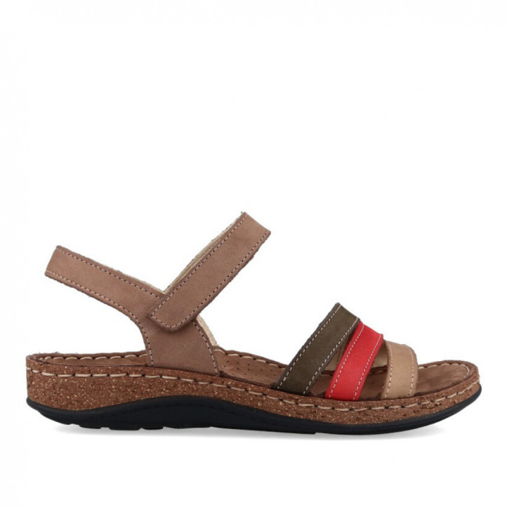 Sandalias planas Walk & Fly marrones de piel con tiras de colores y costuras vistas - Querol online