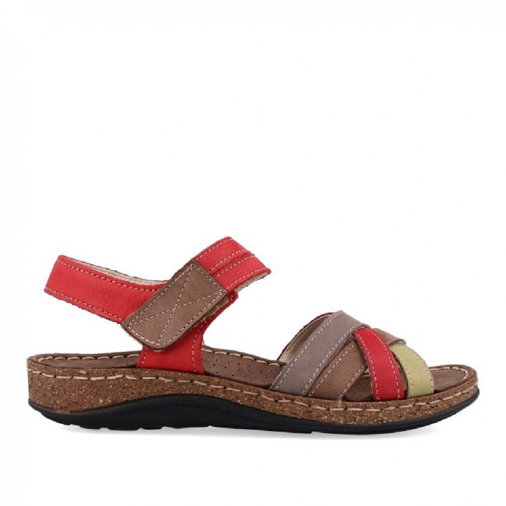 Sandalias planas Walk & Fly rojas de piel con tiras de colores y cierre de velcro - Querol online