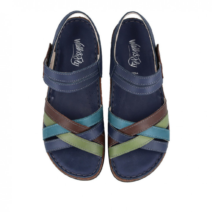 Sandalias planas Walk & Fly azules de piel con tiras de colores y cierre de velcro - Querol online