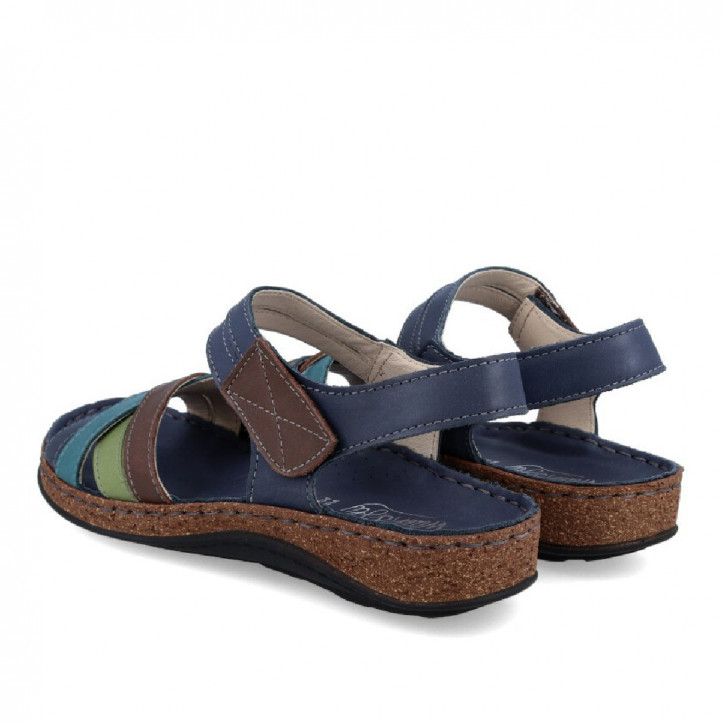 Sandalias planas Walk & Fly azules de piel con tiras de colores y cierre de velcro - Querol online