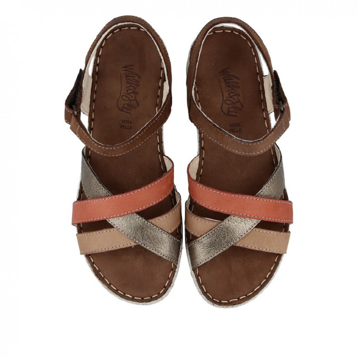 Sandalias cuña Walk & Fly de piel con tiras en teja, taupe y platino - Querol online