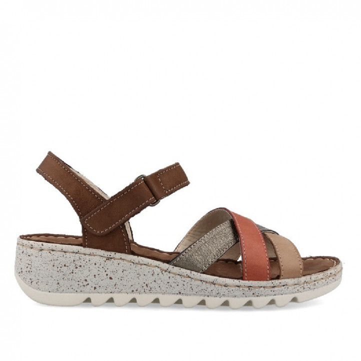 Sandalias cuña Walk & Fly de piel con tiras en teja, taupe y platino - Querol online