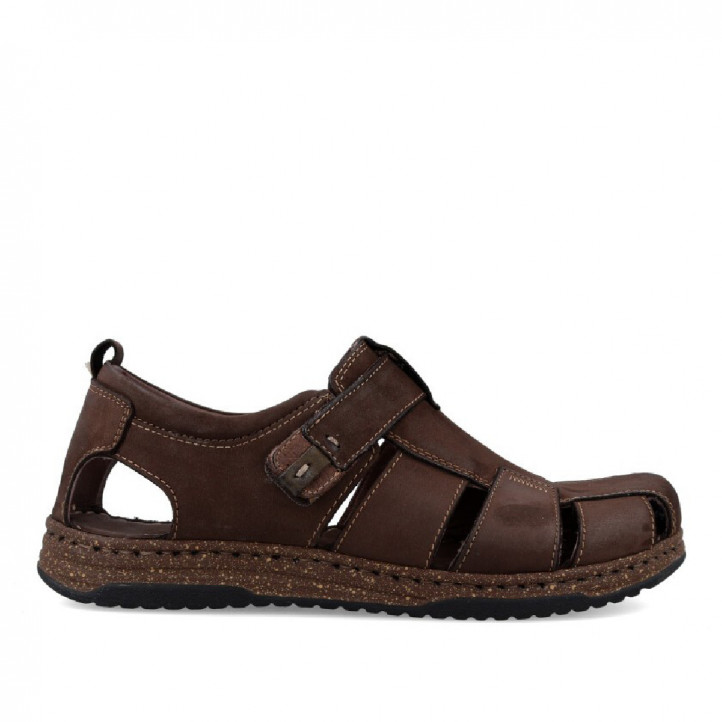 Sandalias Walk & Fly marrones de piel estilo cangrejera con velcro - Querol online