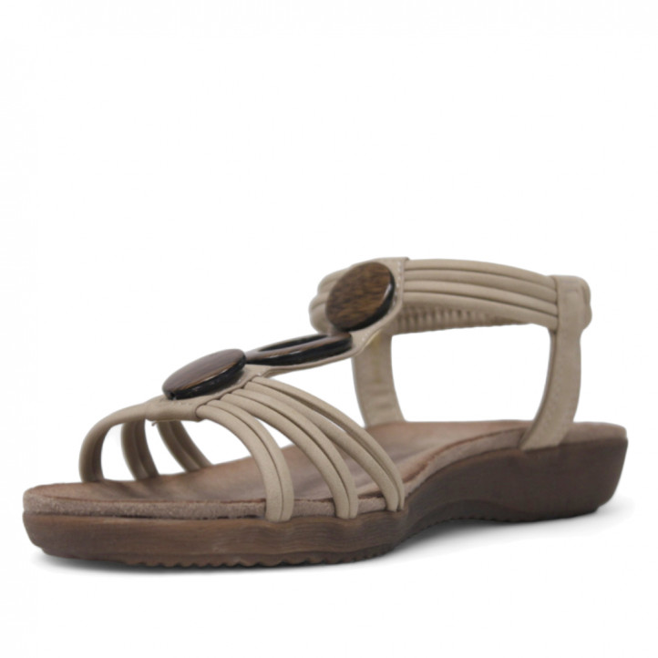 Sandalias planas Amarpies beige con tres piedras de madera frontales - Querol online