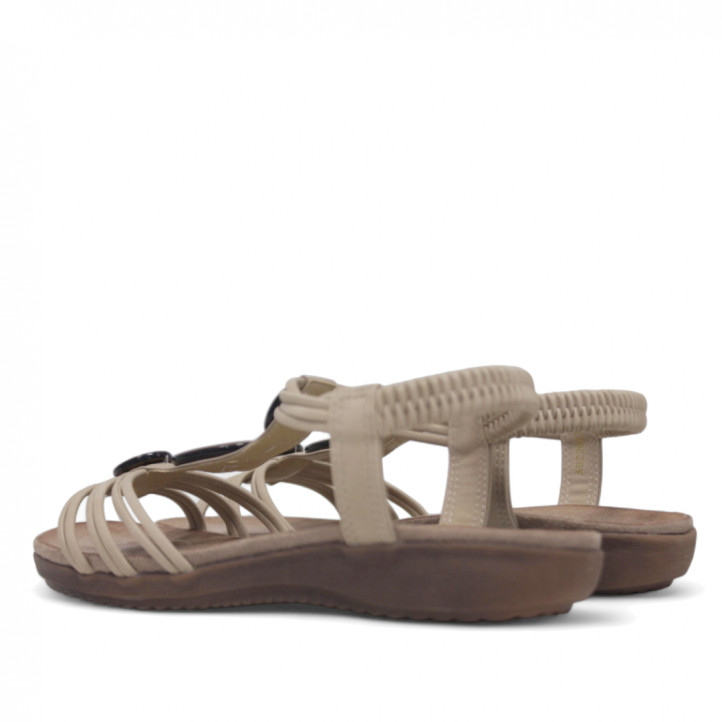 Sandalias planas Amarpies beige con tres piedras de madera frontales - Querol online