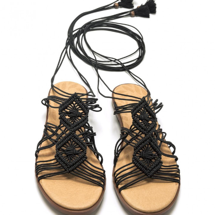 Sandalias planas Mustang negras de crochet atadas al tobillo maria - Querol online