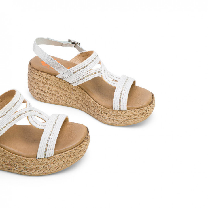 Sandalias cuña Porronet gala blanca y plateada con brillantes - Querol online